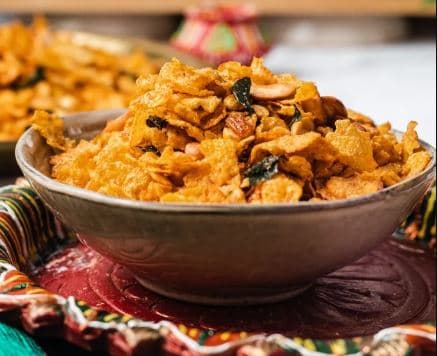 Andhra Cornflakes Mixture — golden spiced cornflakes with peanuts and dry fruits
