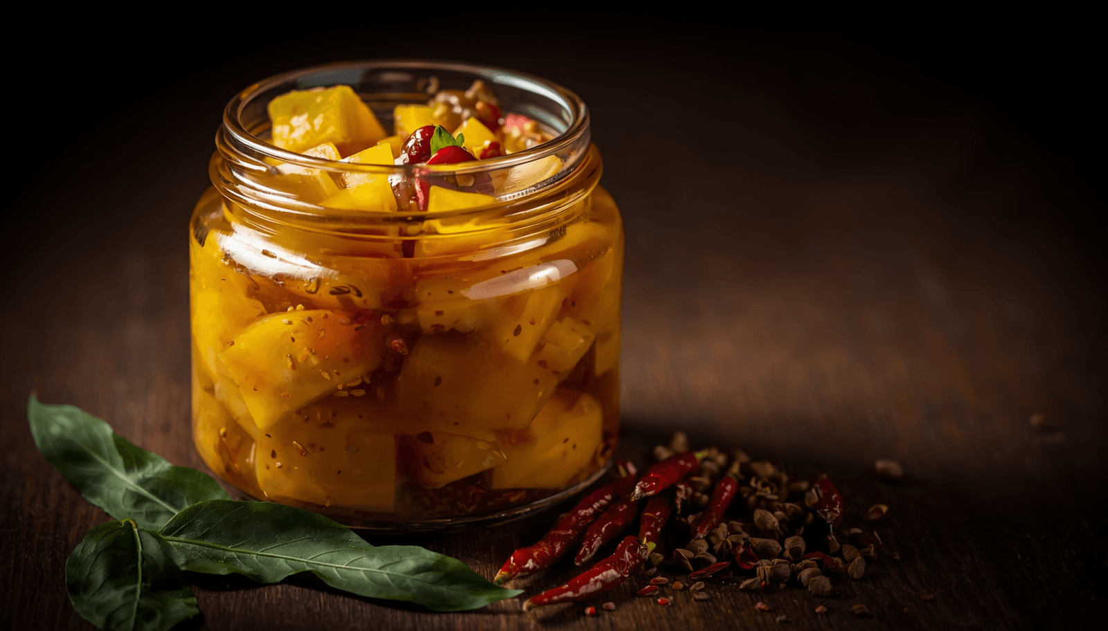 Open glass jar of Andhra mango pickle showing chunky pieces, thick red sesame oil masala and whole spices