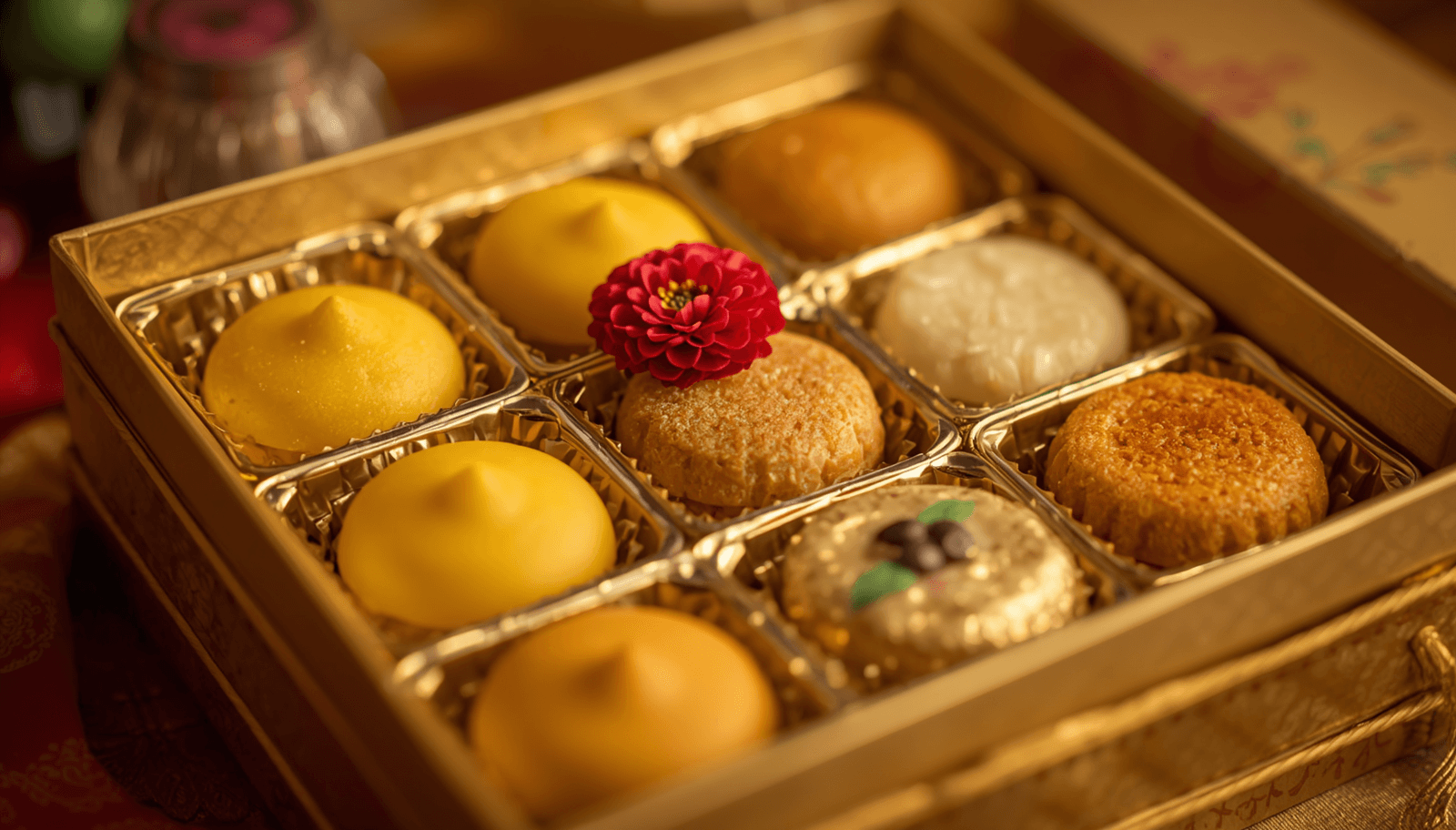 Traditional Indian gift box with assorted Andhra sweets — ariselu, kaja, pootharekulu, mysore pak