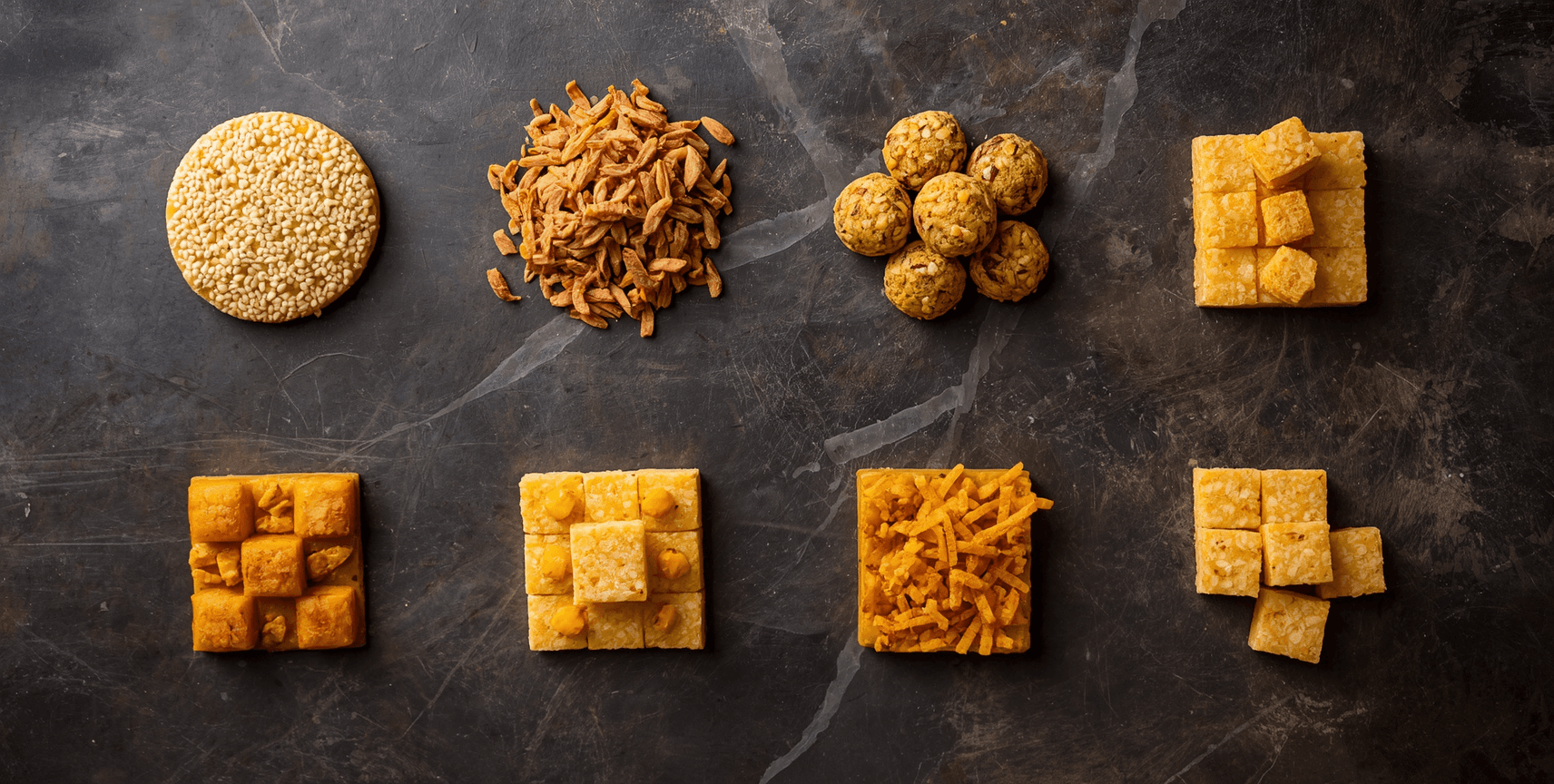 Flat lay of traditional Andhra sweets — ariselu, boondi laddus, madta kaja, bellam gavalu on dark stone