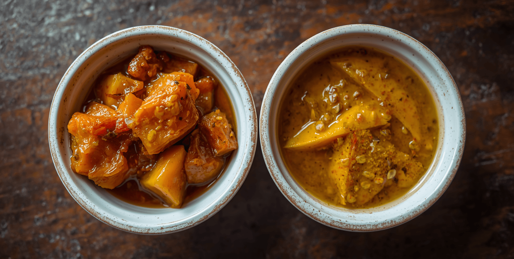 Two ceramic bowls side by side — Andhra mango pickle with thick red masala on left, North Indian achaar on right