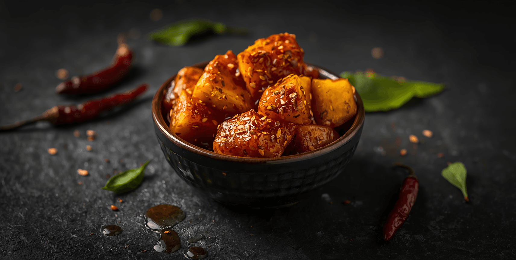 Raw mango avakaya pickle in a dark ceramic bowl — chunky pieces with Guntur chilli masala and sesame oil