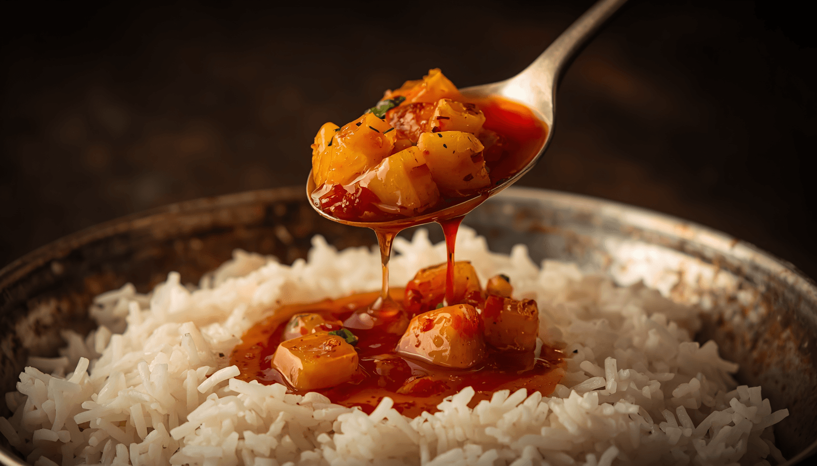 Avakaya mango pickle being served over curd rice — deep red chilli oil dripping from spoon