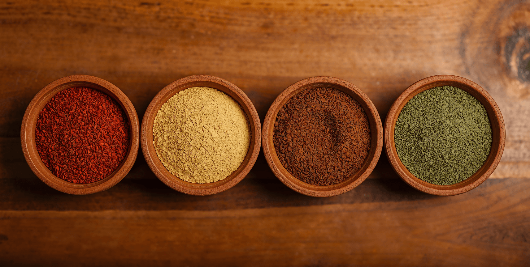 Four small terracotta bowls of different Andhra podi varieties — red, yellow, dark brown and green