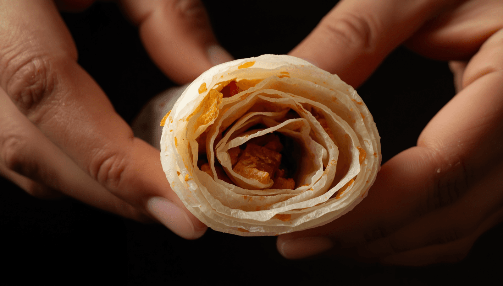 Hands unrolling a pootharekulu to reveal delicate translucent rice starch layers and dry fruit filling