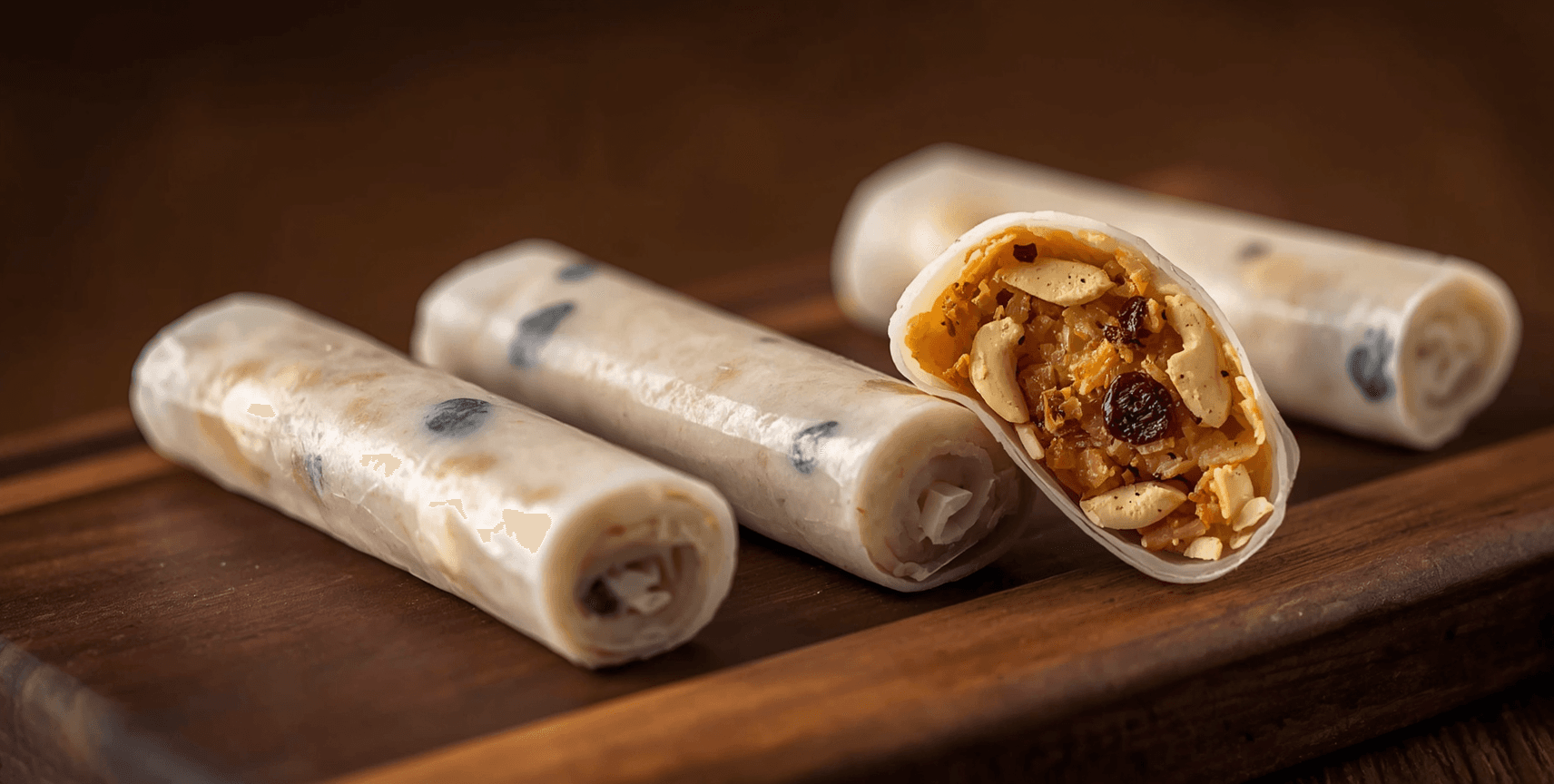 Three pootharekulu rice paper rolls on dark teak board — translucent outer layer showing dry fruit filling