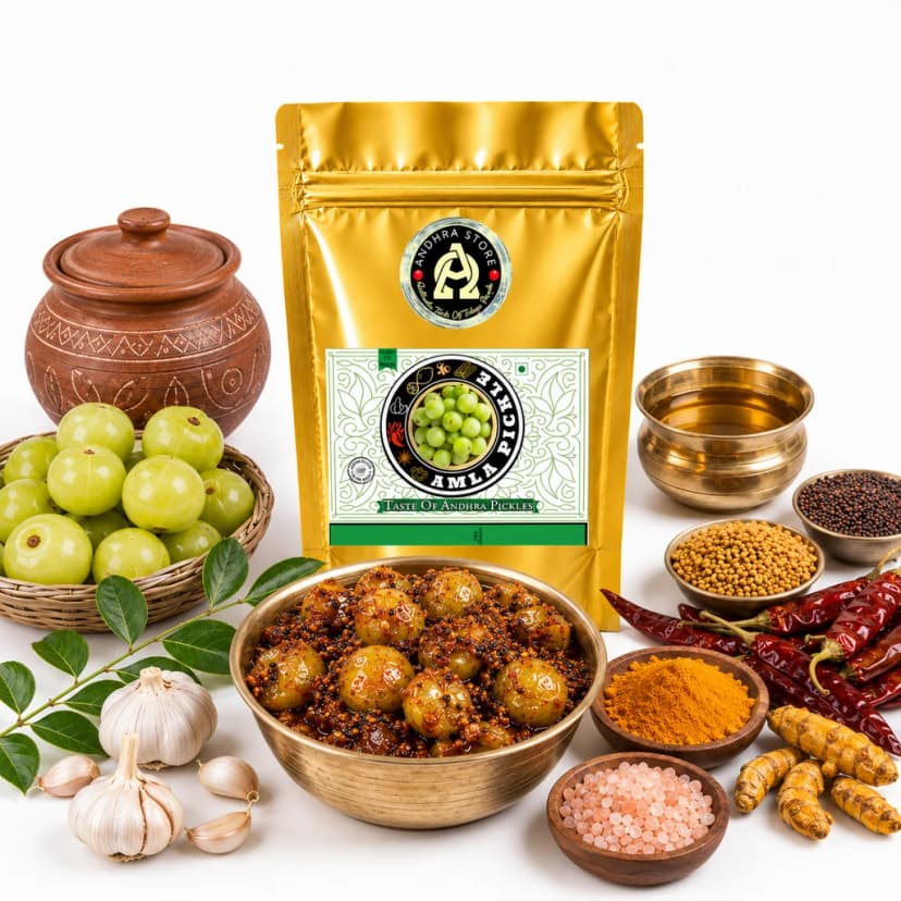 Amla Pickle in the Andhra Store 250g stand-up pouch, with a bowl of the pickle and whole spices