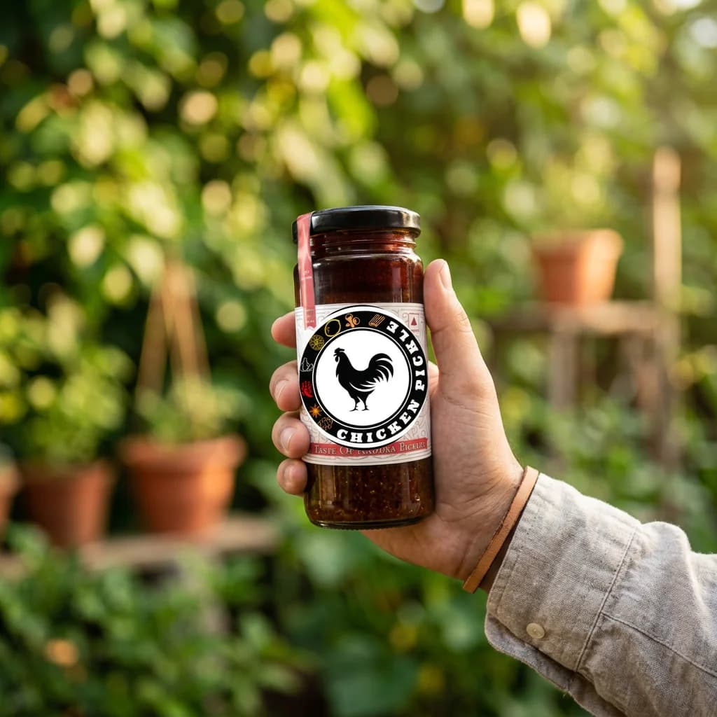 Andhra Store chicken pickle jar held in a garden