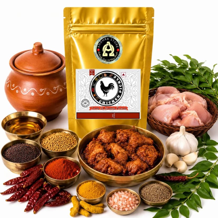 Chicken Pickle in the Andhra Store 250g stand-up pouch, with a bowl of the pickle and whole spices