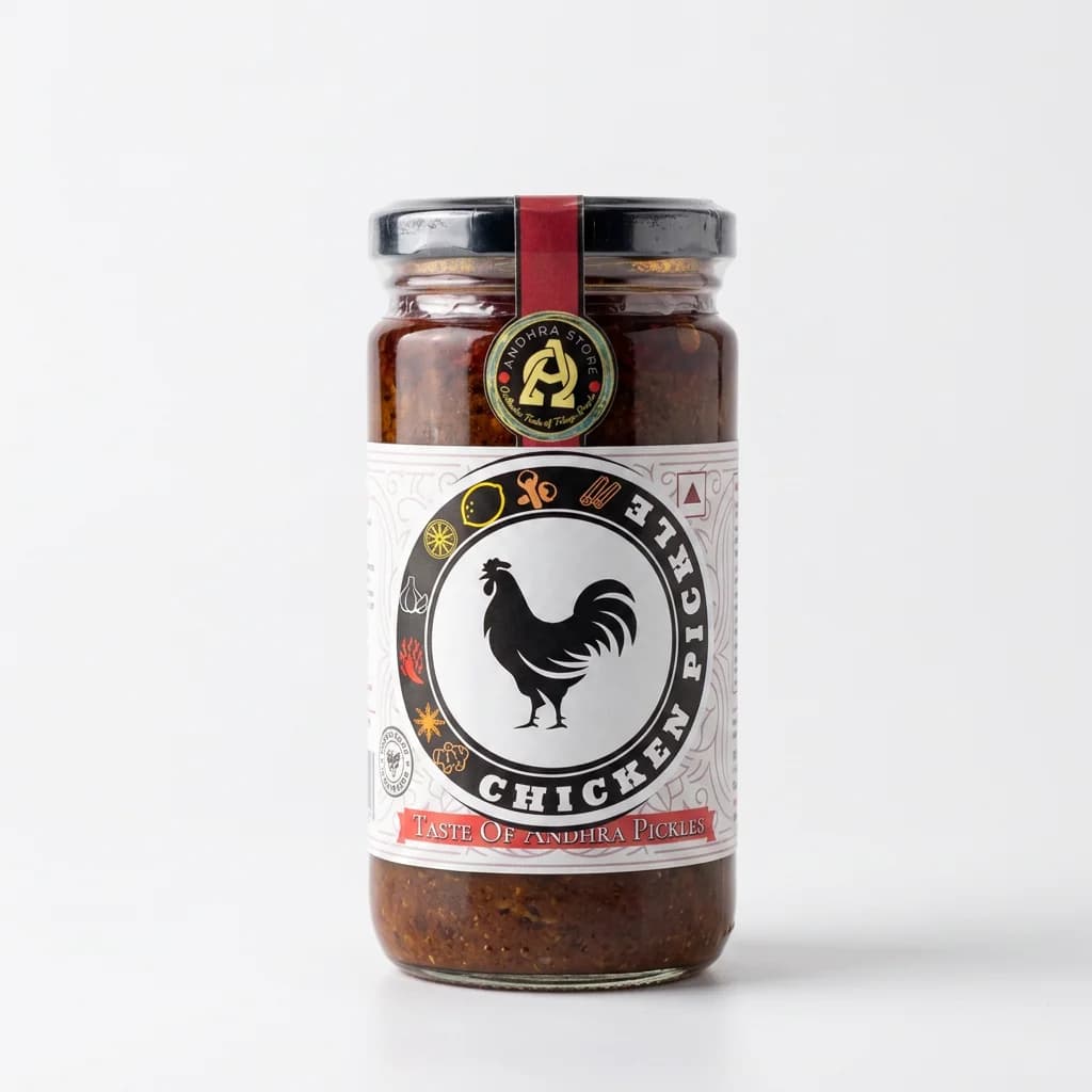 Chicken Pickle — Andhra Store sealed glass jar on white background, hygienically packed