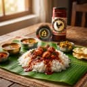 Chicken Pickle served on hot steaming rice on banana leaf — traditional Andhra style
