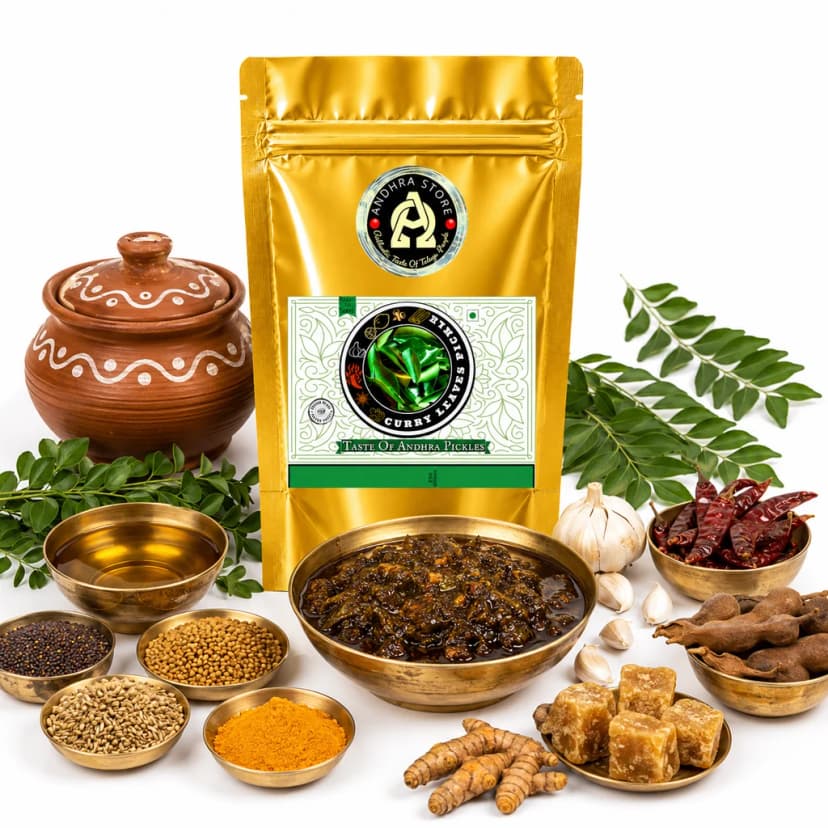 Curry Leaves Pickle in the Andhra Store 250g stand-up pouch, with a bowl of the pickle and whole spices