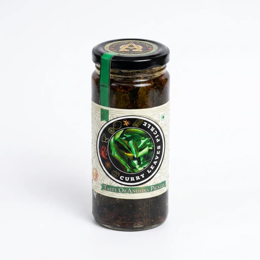 Curry Leaves Pickle — Andhra Store sealed glass jar on white background, hygienically packed