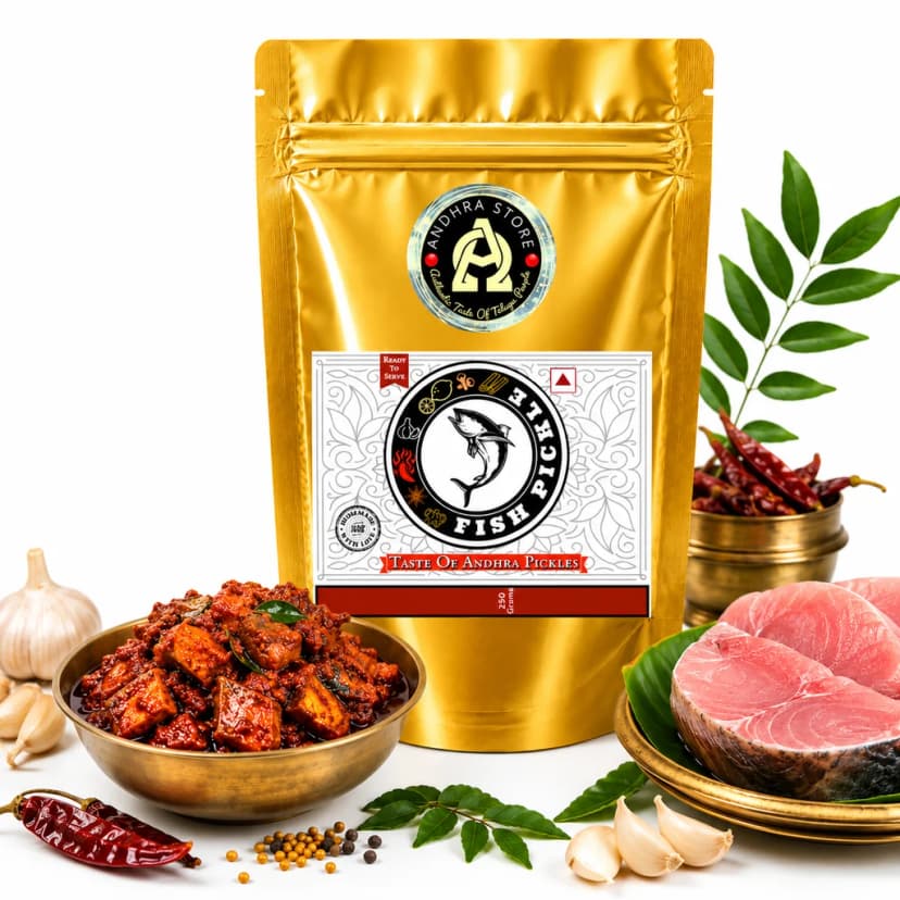 Fish Pickle in the Andhra Store 250g stand-up pouch, with a bowl of the pickle and whole spices