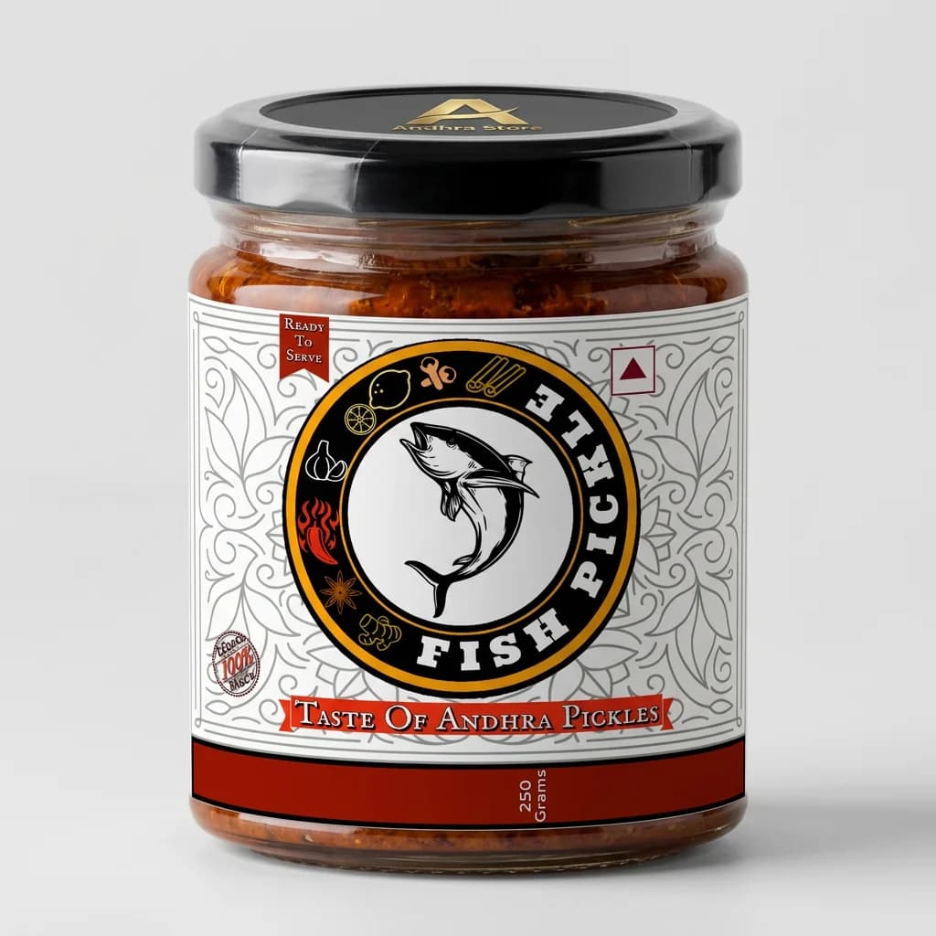 Fish Pickle — Andhra Store sealed glass jar on white background, hygienically packed