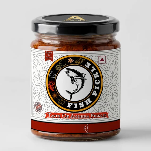 Fish Pickle — Andhra Store sealed glass jar on white background, hygienically packed