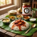 Fish Pickle served on hot steaming rice on banana leaf — traditional Andhra style