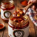 Fish Pickle — close-up of spiced oil and pickle pieces on wooden spoon