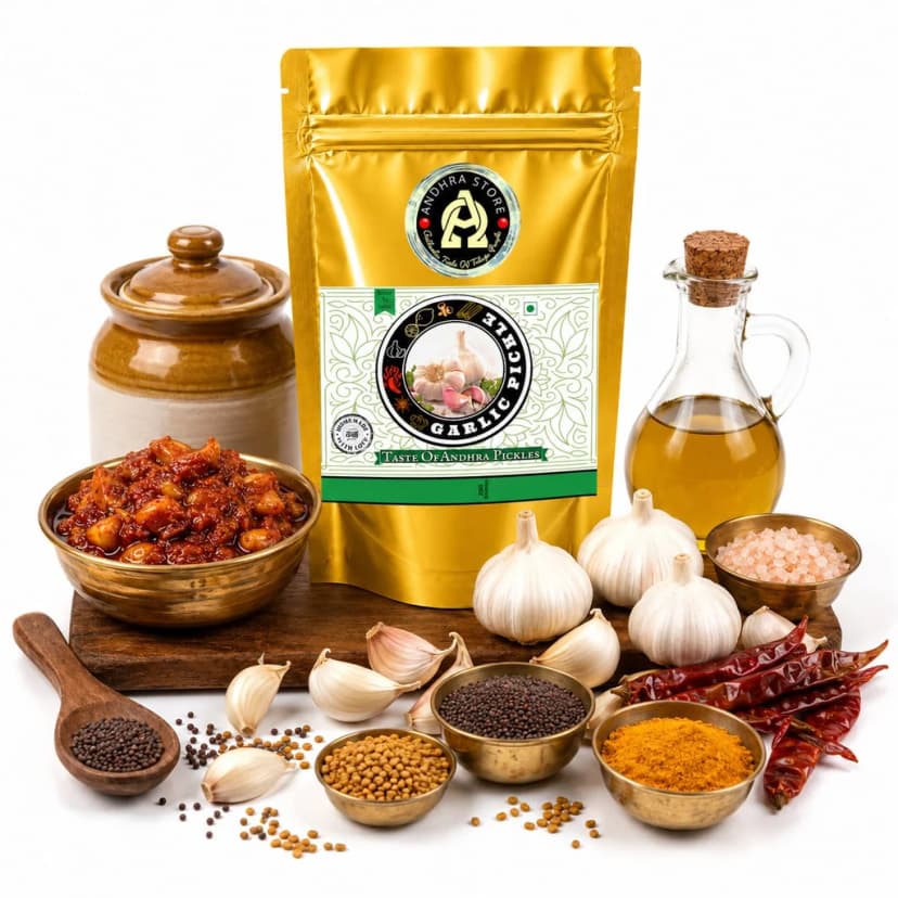 Garlic Pickle in the Andhra Store 250g stand-up pouch, with a bowl of the pickle and whole spices