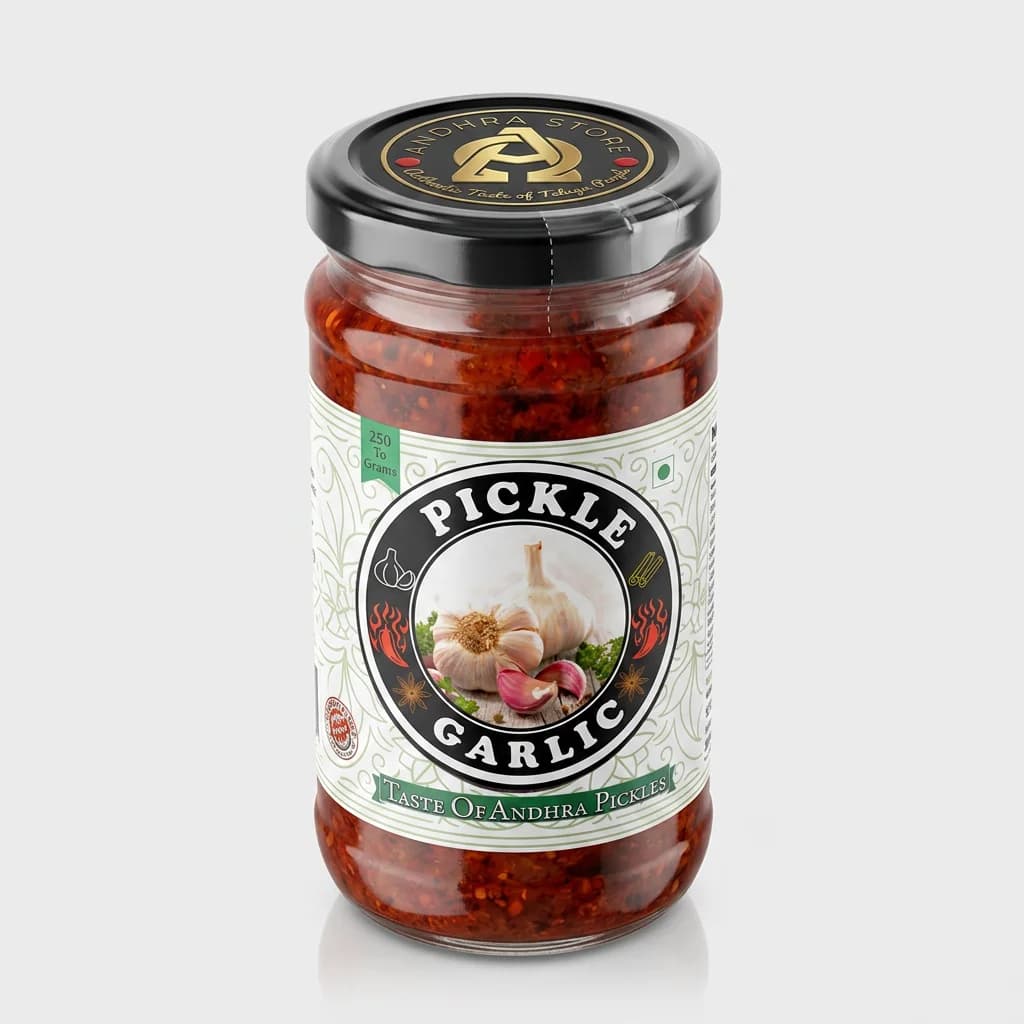 Garlic Pickle — Andhra Store sealed glass jar on white background, hygienically packed
