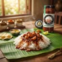 Garlic Pickle served on hot steaming rice on banana leaf — traditional Andhra style