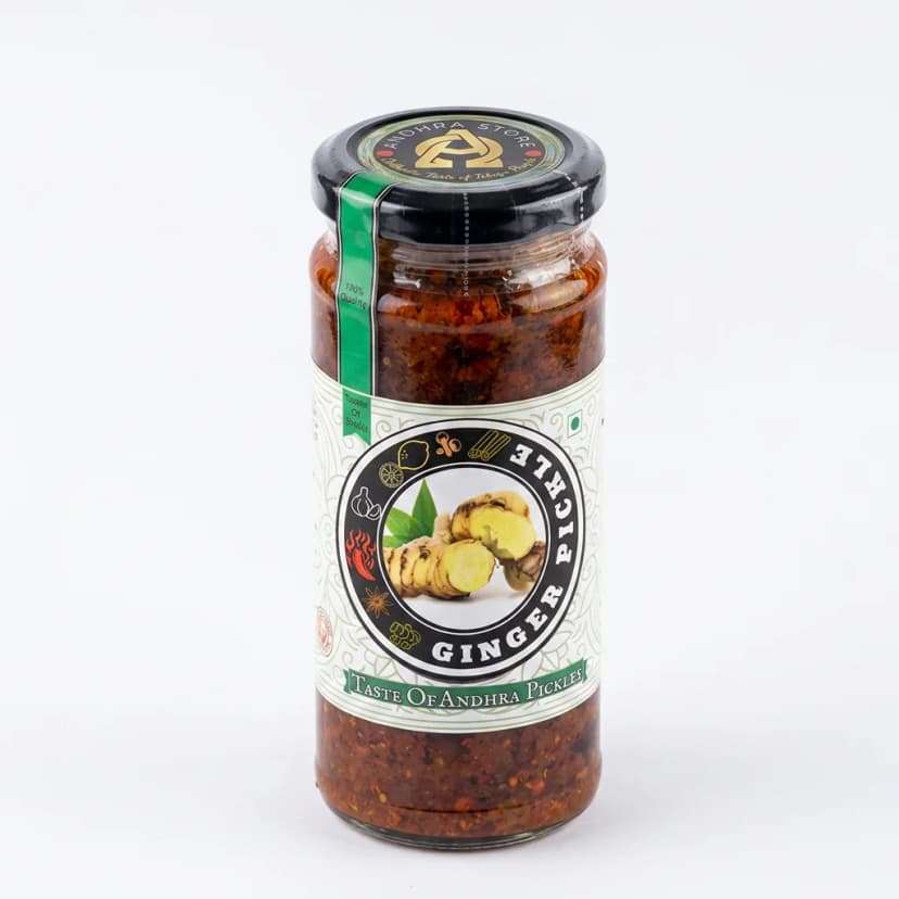 Ginger Pickle — Andhra Store sealed glass jar on white background, hygienically packed