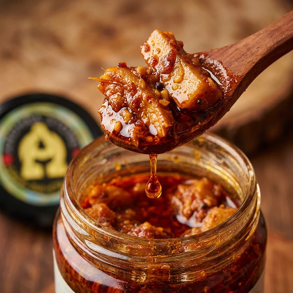 Ginger Pickle — close-up of spiced oil and pickle pieces on wooden spoon