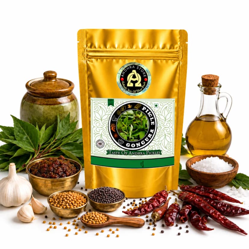 Gongura Pickle in the Andhra Store 250g stand-up pouch, with a bowl of the pickle and whole spices