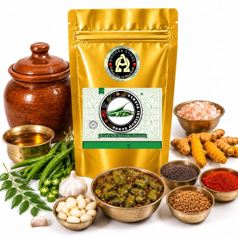 Green Chilli Pickle in the Andhra Store 250g stand-up pouch, with a bowl of the pickle and whole spices