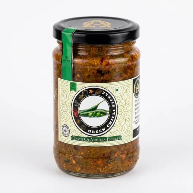 Green Chilli Pickle — Andhra Store sealed glass jar on white background, hygienically packed