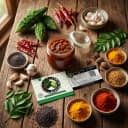 Fresh ingredients for Andhra Store Karela Pickle — red chillies, garlic, curry leaves and whole spices