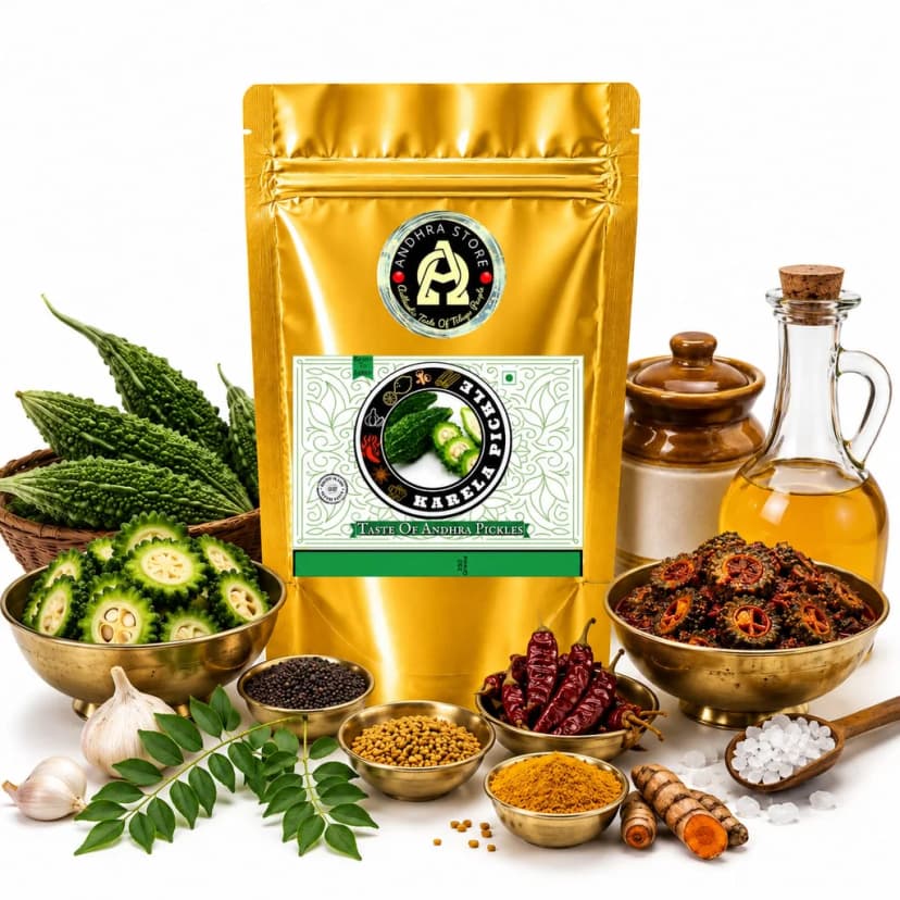 Karela Pickle in the Andhra Store 250g stand-up pouch, with a bowl of the pickle and whole spices