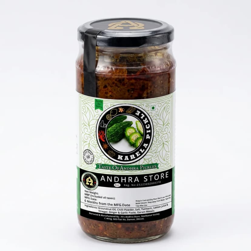 Karela Pickle — Andhra Store sealed glass jar on white background, hygienically packed