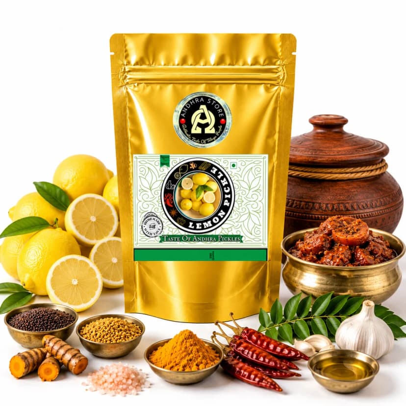 Lemon Pickle in the Andhra Store 250g stand-up pouch, with a bowl of the pickle and whole spices