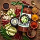 Fresh ingredients for Andhra Store Mango Pickle — red chillies, garlic, curry leaves and whole spices