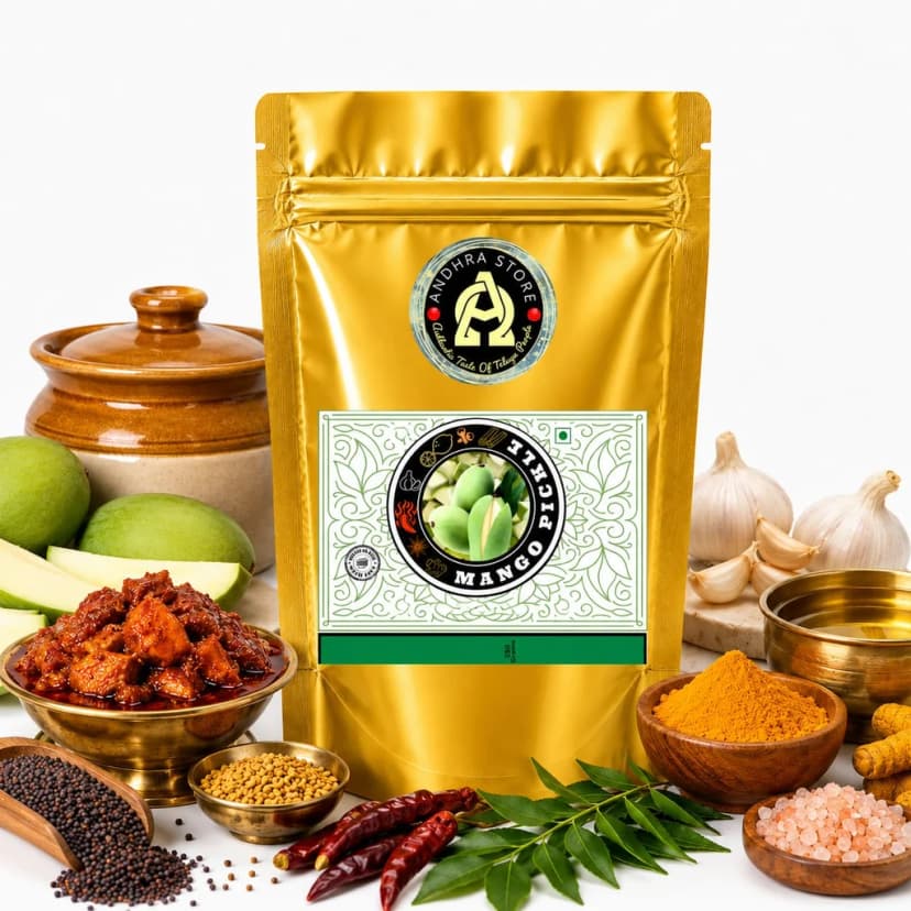 Mango Pickle in the Andhra Store 250g stand-up pouch, with a bowl of the pickle and whole spices