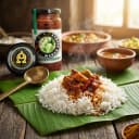 Mango Pickle served on hot steaming rice on banana leaf — traditional Andhra style