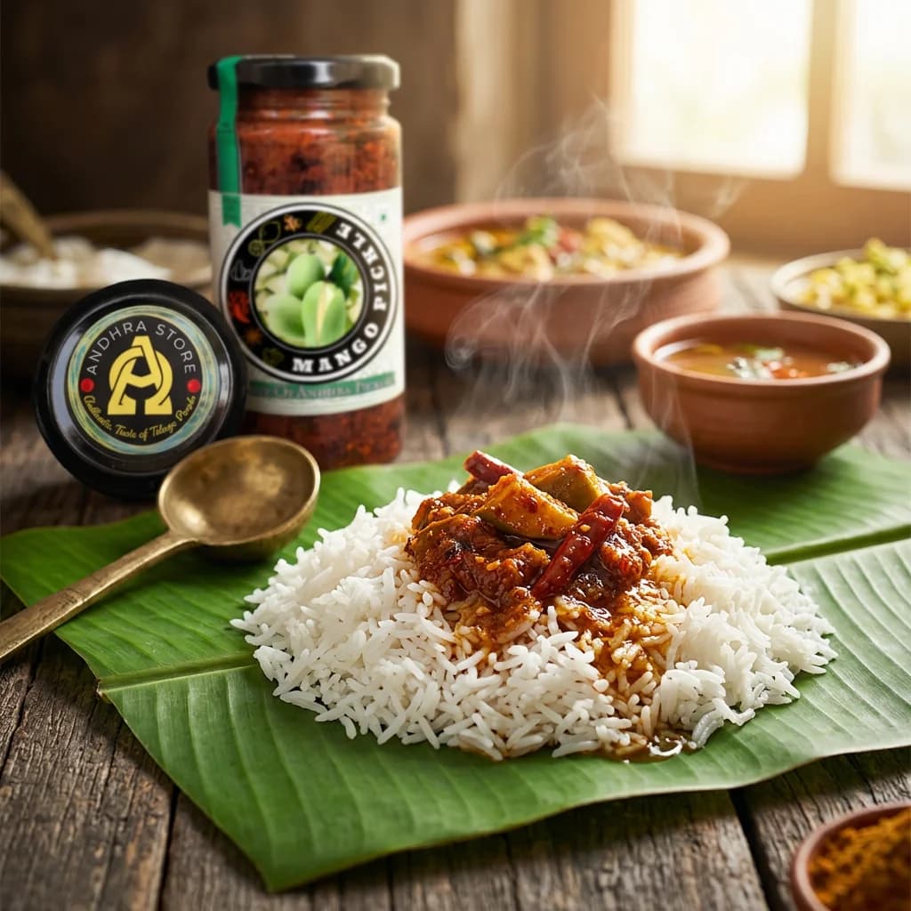 Andhra mango pickle served with rice on a banana leaf
