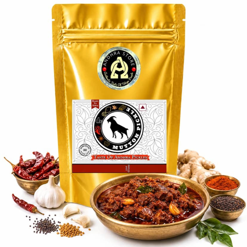 Mutton Pickle in the Andhra Store 250g stand-up pouch, with a bowl of the pickle and whole spices
