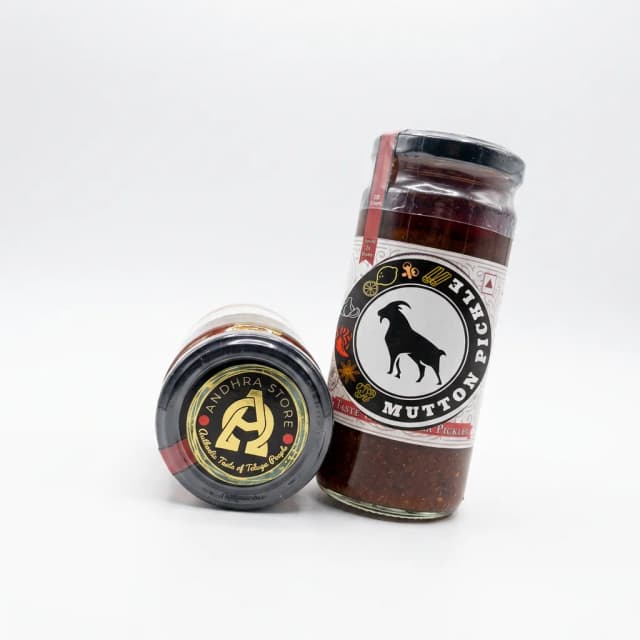 Mutton Pickle — Andhra Store sealed glass jar on white background, hygienically packed