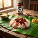 Mutton Pickle served on hot steaming rice on banana leaf — traditional Andhra style