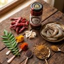 Fresh ingredients for Andhra Store Prawn Pickle — red chillies, garlic, curry leaves and whole spices