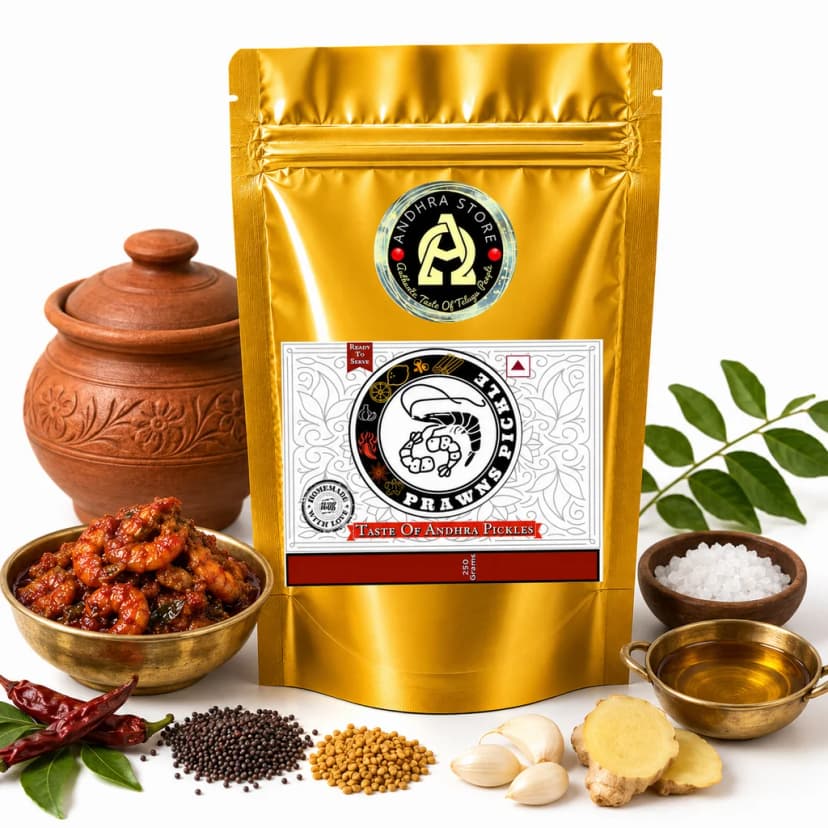 Prawns Pickle in the Andhra Store 250g stand-up pouch, with a bowl of the pickle and whole spices