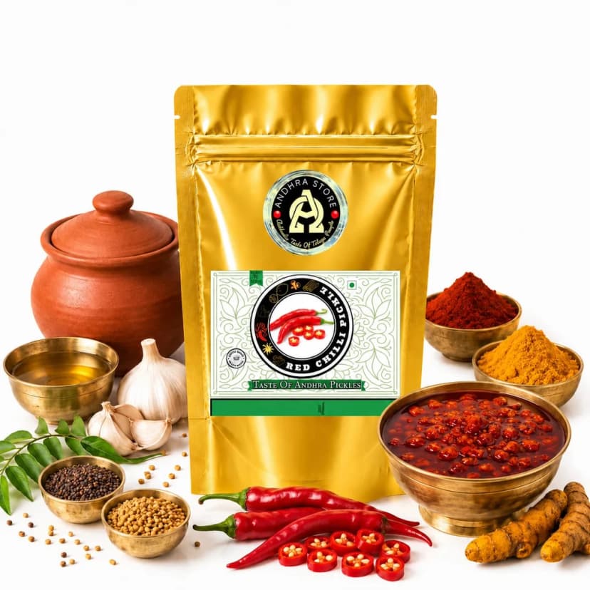 Red Chilli Pickle in the Andhra Store 250g stand-up pouch, with a bowl of the pickle and whole spices