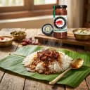 Red Chilli Pickle served on hot steaming rice on banana leaf — traditional Andhra style
