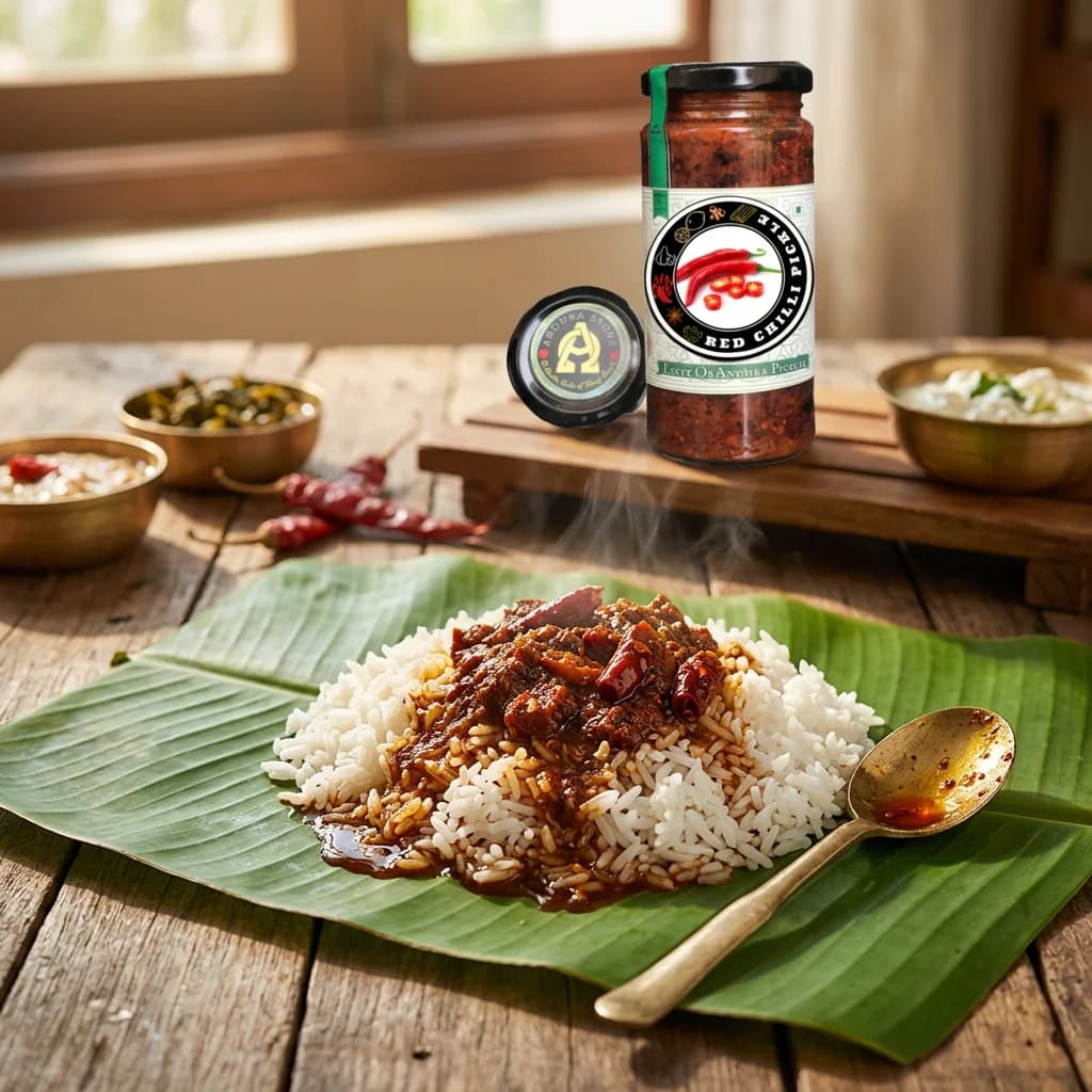 Andhra red chilli pickle served with a traditional meal