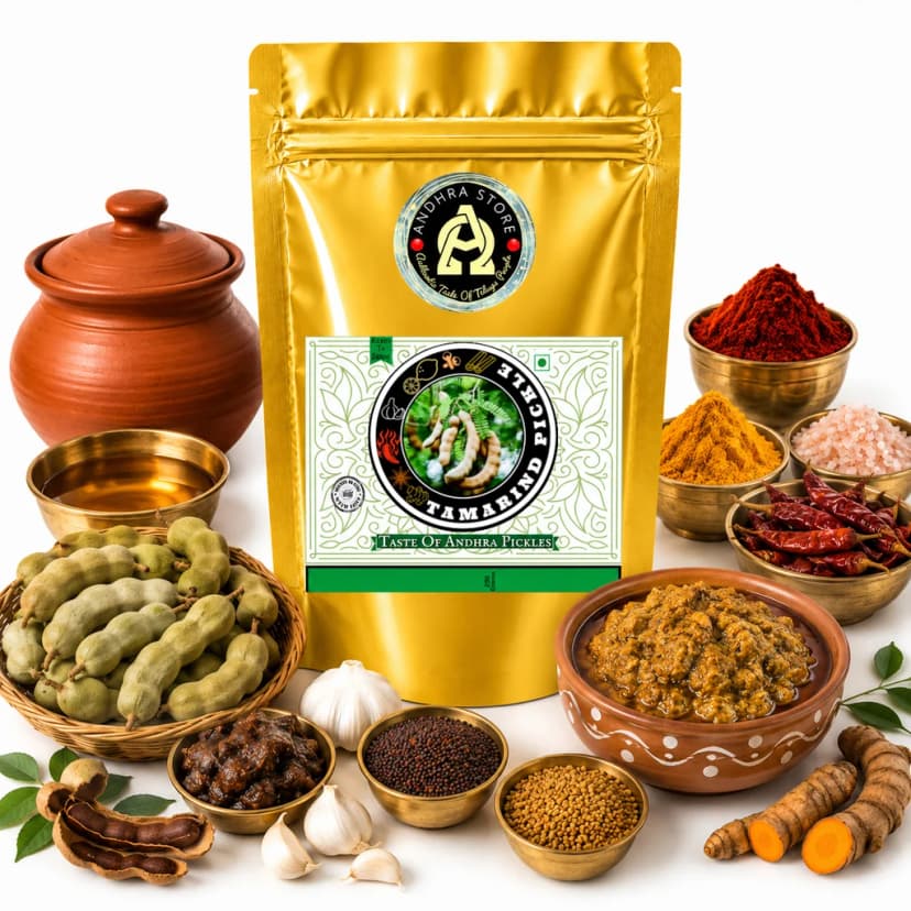 Tamarind Pickle in the Andhra Store 250g stand-up pouch, with a bowl of the pickle and whole spices