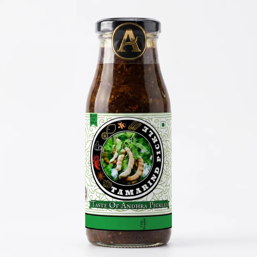 Tamarind Pickle — Andhra Store sealed glass jar on white background, hygienically packed