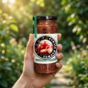Hand holding Andhra Store Tomato Pickle jar outdoors — authentic homemade pickle