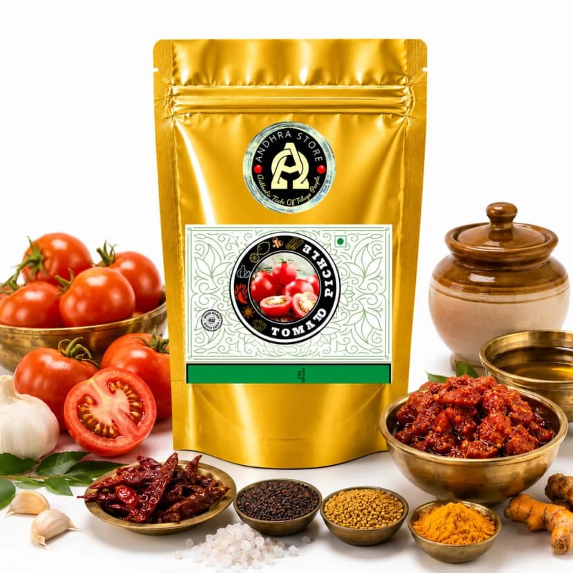 Tomato Pickle in the Andhra Store 250g stand-up pouch, with a bowl of the pickle and whole spices